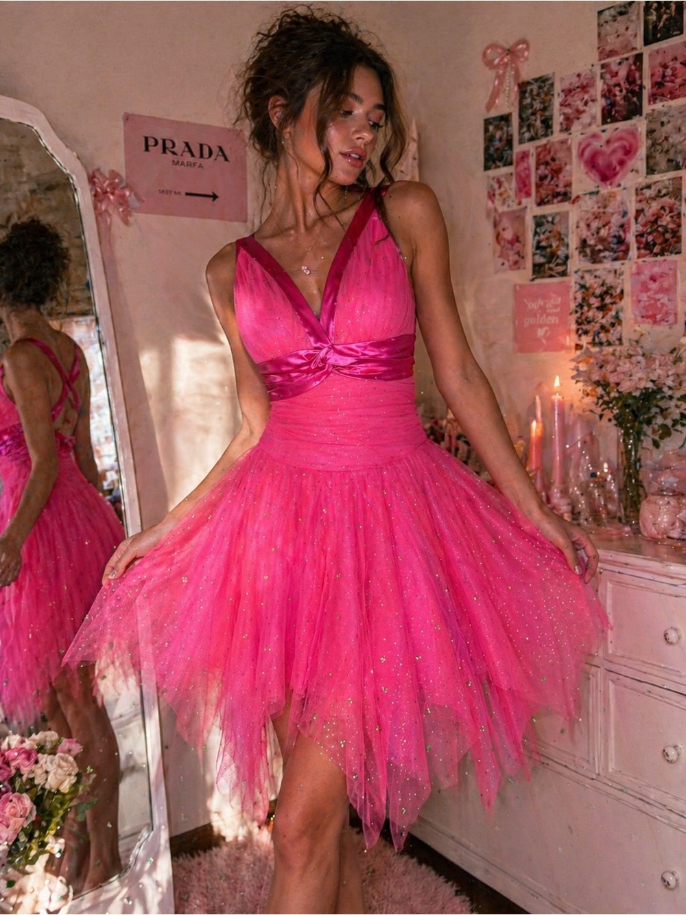 Hot Pink Tulle Coquette Dress | Fairycore Princess Prom Dress XS/S Petite